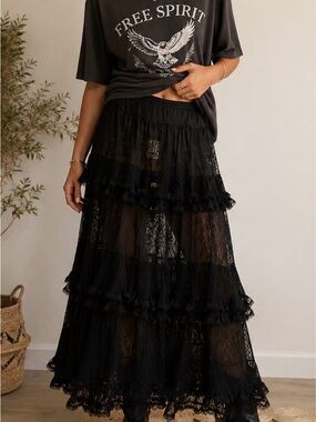 Free People Black Lace Ruffle Tiered Maxi Skirt - NWT